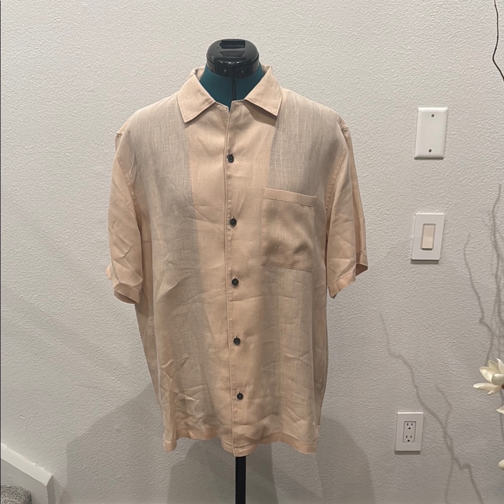 Theory Noll Linen Relaxed Short Sleeve Shirt Tan